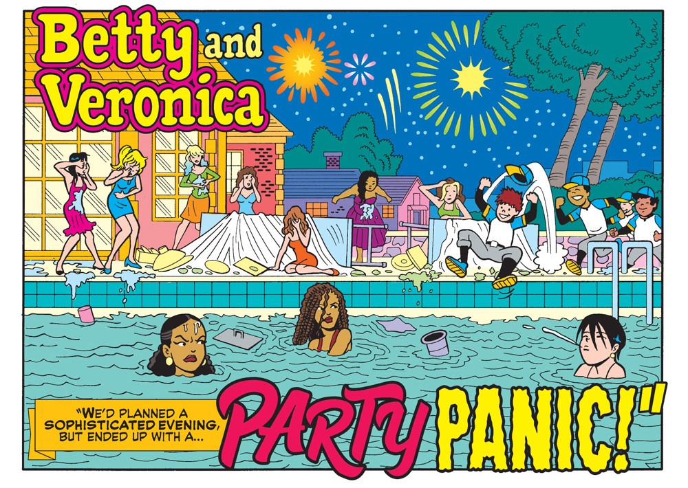 Panels from an Archie Comics Story. Betty, Veronica, Stacy, Eliza and others are in a pool at a pool party, but little kids are running through the scene destroying everything.