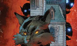 Main cover of THE NINE LIVES OF SALEM. Salem, a black cat stands in front of a haunted house with several monstrous figures in silohuette hovering around it -- they each have sharp teeth, pointed ears, and glowing eyes.