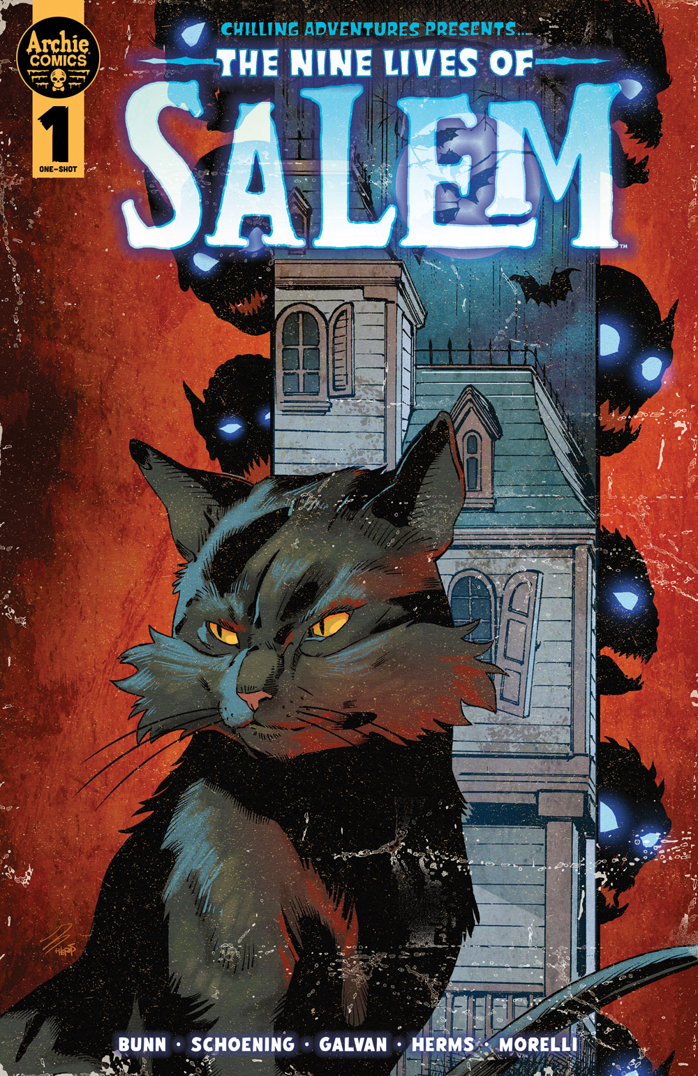 Main cover of THE NINE LIVES OF SALEM. Salem, a black cat stands in front of a haunted house with several monstrous figures in silohuette hovering around it -- they each have sharp teeth, pointed ears, and glowing eyes.