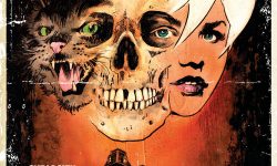Variant cover of THE NINE LIVES OF SALEM. Salem, a black cat, and Sabrina look out at the viewer. They each share an eye with a human skull floating between them. The trio of heads floats above a haunted house against a red and black background. Cover text reads: Curiosity can't kill him . . . but something else might. The image is styled to look like a vintage 1970s horror movie poster.