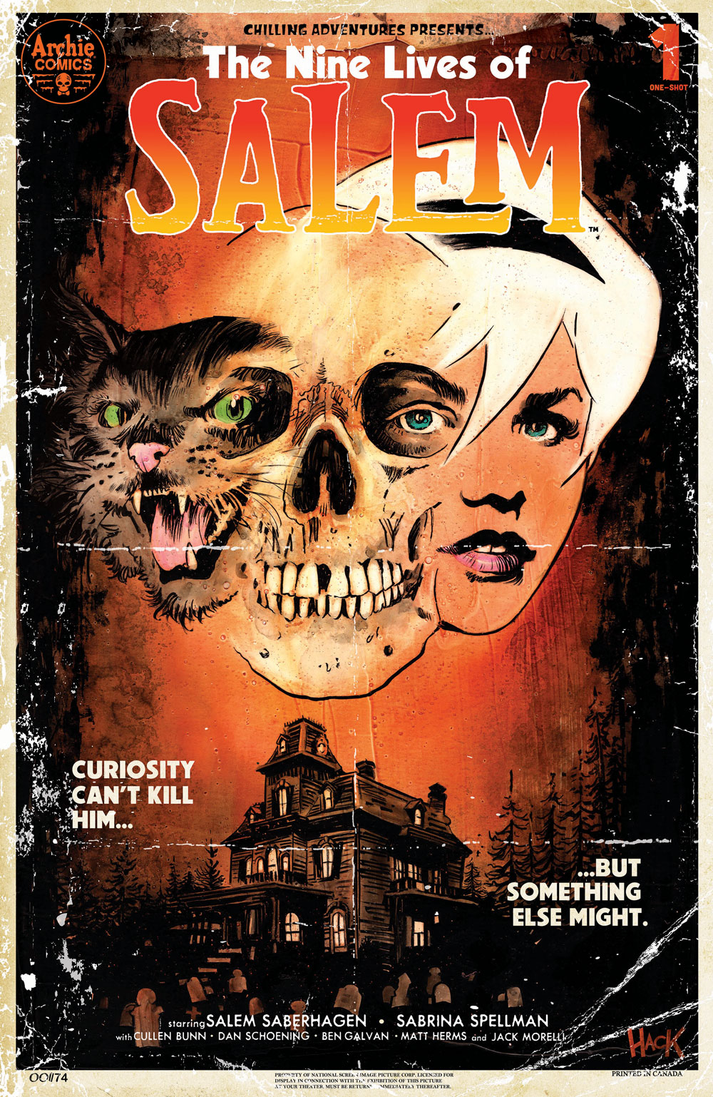 Variant cover of THE NINE LIVES OF SALEM. Salem, a black cat, and Sabrina look out at the viewer. They each share an eye with a human skull floating between them. The trio of heads floats above a haunted house against a red and black background. Cover text reads: Curiosity can't kill him . . . but something else might. The image is styled to look like a vintage 1970s horror movie poster.