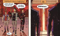 Panel from an Archie Horror story. Archie, Jughead, and the demon Alistair are walking through the gates of Lodge mansion. Jughead says Archie can apologize to them. Then the doors start to open and a scary voice moans from the other side.