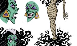 Character development art for Mother Striga, a green-skinned witch with mystical runes tattooed on her body in purple, and long wavy dark hair with a gray streak. She's in various poses, some laughing, some scowling. In one she is wearing mummy wrapping and pointing at someone unseen. The text reads: Archie Comics Mother Striga Character Design by Steven Butler.