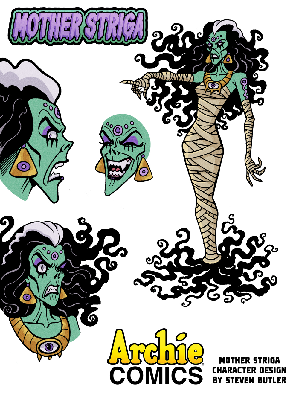 Character development art for Mother Striga, a green-skinned witch with mystical runes tattooed on her body in purple, and long wavy dark hair with a gray streak. She's in various poses, some laughing, some scowling. In one she is wearing mummy wrapping and pointing at someone unseen. The text reads: Archie Comics Mother Striga Character Design by Steven Butler.