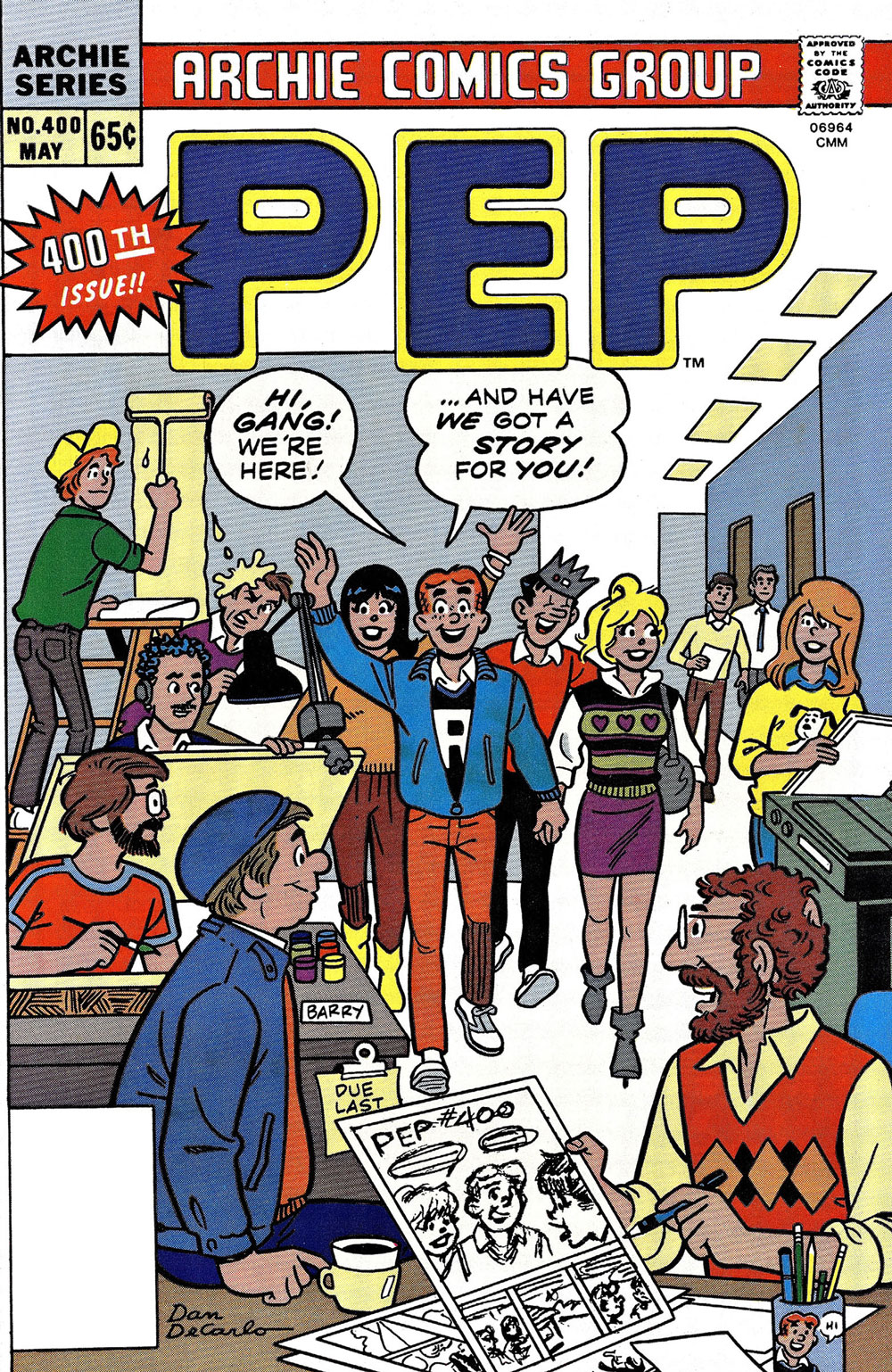 Cover of PEP #400. Archie, Veronica, Jughead, and Betty visit the Archie Comics offices, with various people working at drawing table and copy machines around the office. Archie says they're here and they have a story for you.