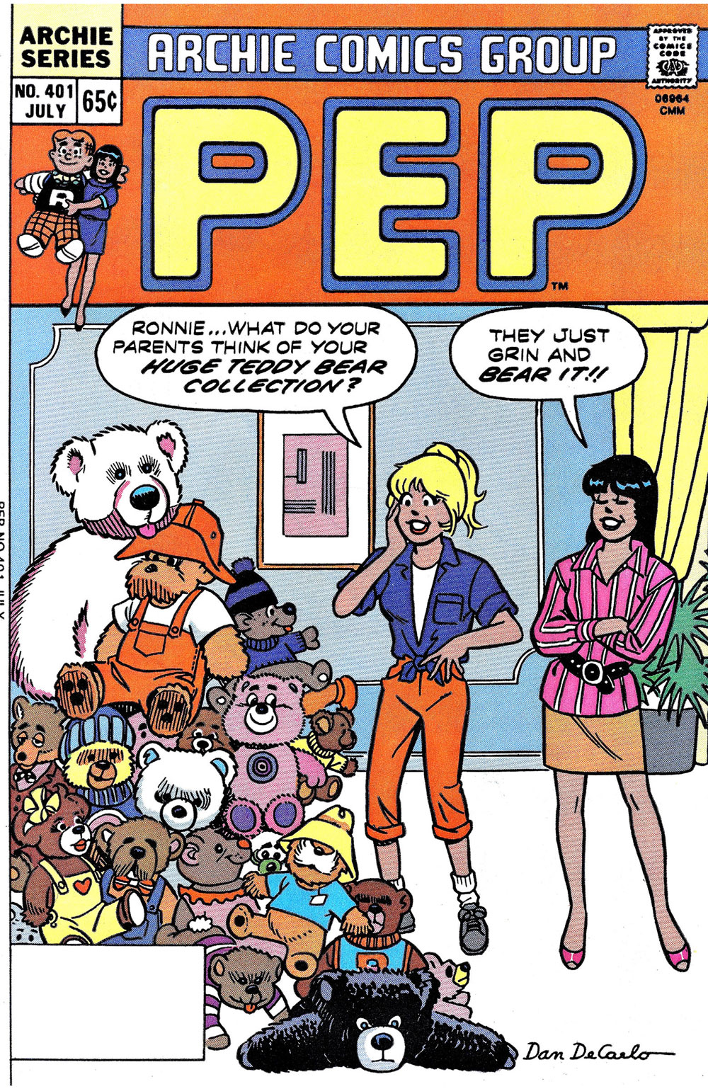 Cover of PEP #401. Betty and Veronica look at a huge pile of teddy bears. Betty asks her what her parents think of her teddy bear collection. Veronica says they just grin and bear it.