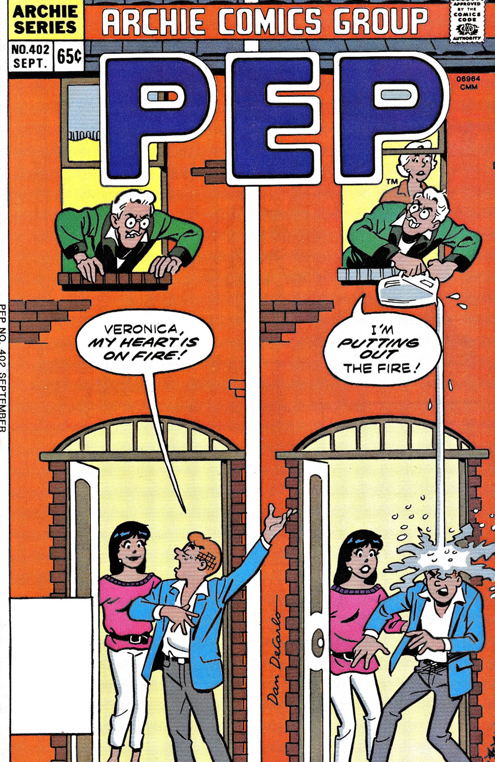 Cover of PEP #402. Archie is talking to Veronica at her front door, telling her his heart is on fire. Mr. Lodge dumps a jug of water on his head from a window above, saying he's putting out the fire.