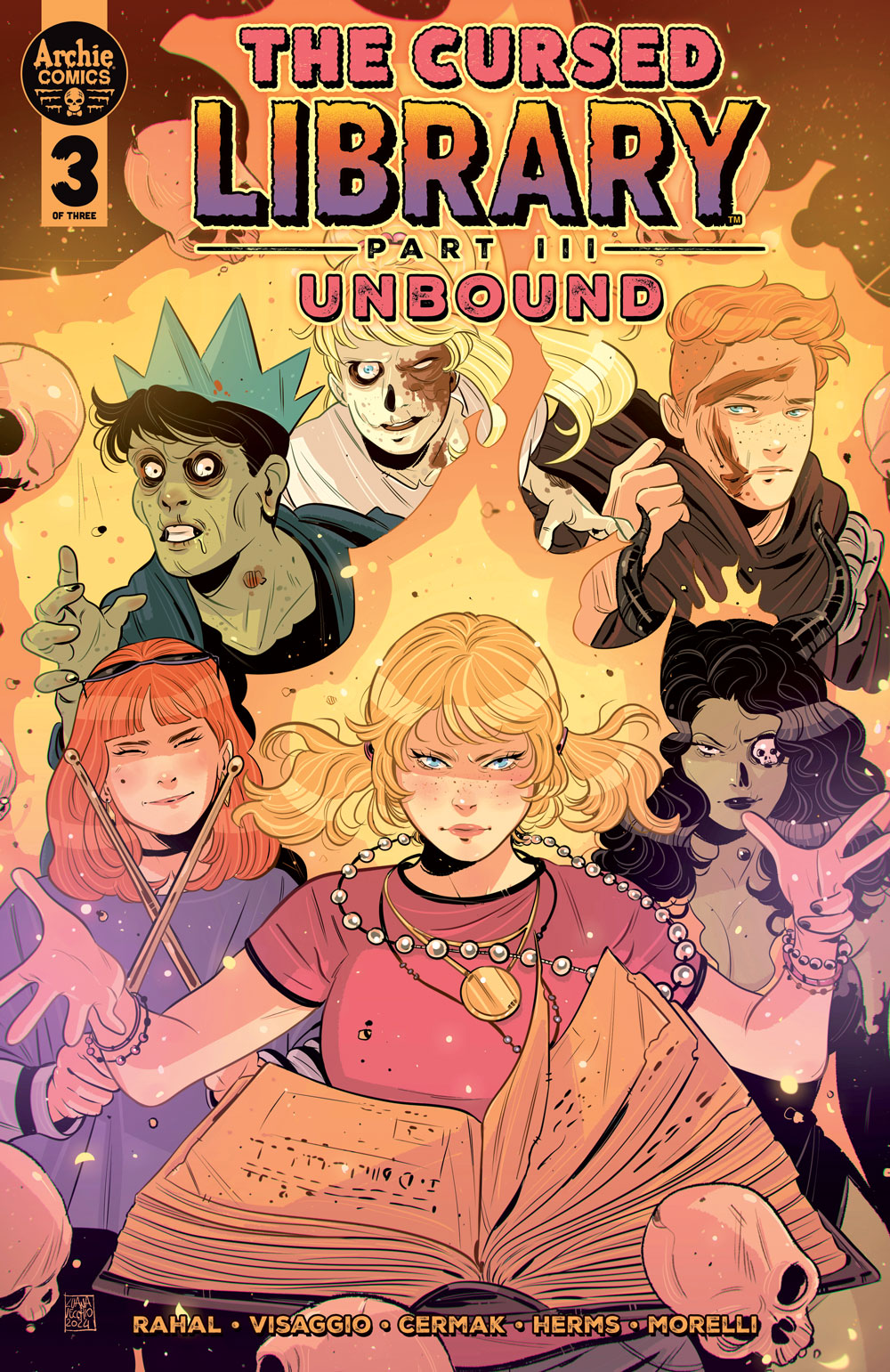 Variant cover of THE CURSED LIBRARY #3. Jinx, a slender blonde teenage white girl, turns the pages of an old magic book seemingly by magic, as her outsretched hands aren't touching the pages. Behind her, surrounded by flames and human skulls, are Madam Satan, Danni (a slender redeheaded teenage white girl holding two drumsticks), zombie versions of Jughead and Betty, and Archie wearing a brown cloak.