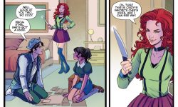 Panels from an Archie Comics story. Trula Twyst carries a knife, threatening Jughead and Ethel, who are kneeling on the floor reading some papers.