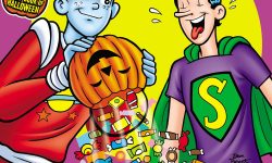 Cover of WORLD OF ARCHIE DIGEST #144. Archie and Jughead are wearing Halloween costumes and spilling out their candy from trick or treating. Archie is dressed as Cosmo the Merry Martian and Jughead is wearing his superhero costume.