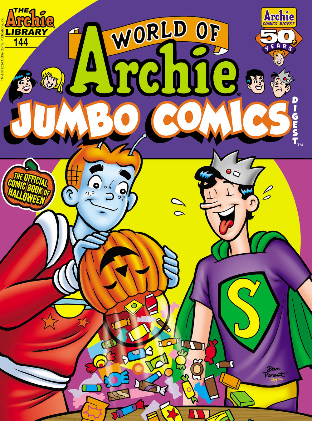 Cover of WORLD OF ARCHIE DIGEST #144. Archie and Jughead are wearing Halloween costumes and spilling out their candy from trick or treating. Archie is dressed as Cosmo the Merry Martian and Jughead is wearing his superhero costume.