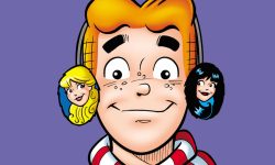 Cover of WORLD OF BETTY AND VERONICA DIGEST #36. Archie is smiling at the viewer wearing a red and white scarf and earmuffs. Each earmuff has a picture of Betty and Veronica.