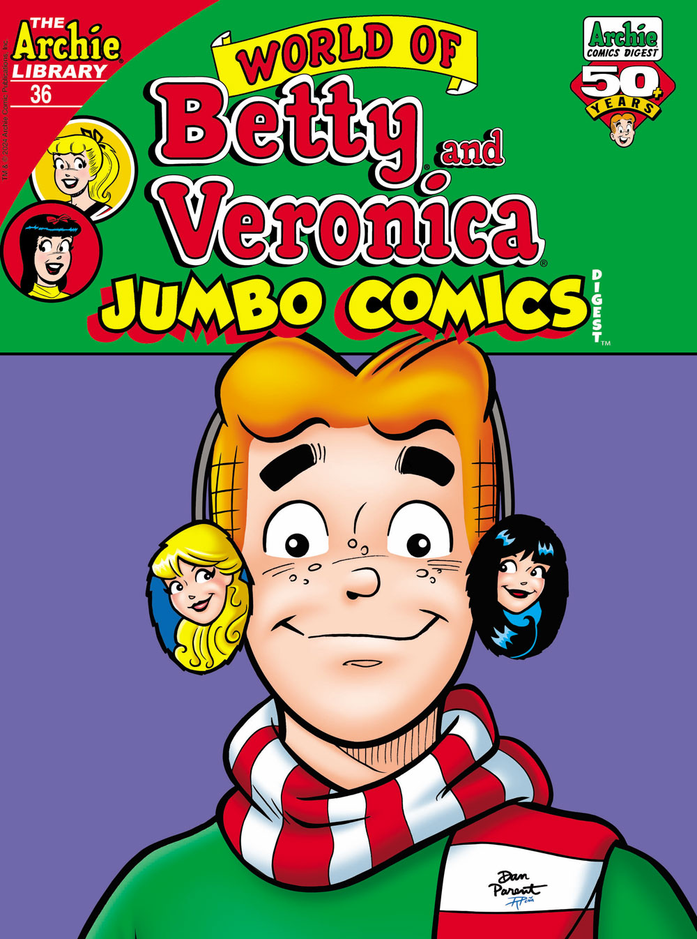 Cover of WORLD OF BETTY AND VERONICA DIGEST #36. Archie is smiling at the viewer wearing a red and white scarf and earmuffs. Each earmuff has a picture of Betty and Veronica.