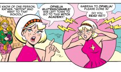 Panel from an Archie Comics story. Sabrina is on the beach saying she knows a witch named Ophelia Glutenschnable who can help her. She then uses telepathy to try and reach Ophelia.