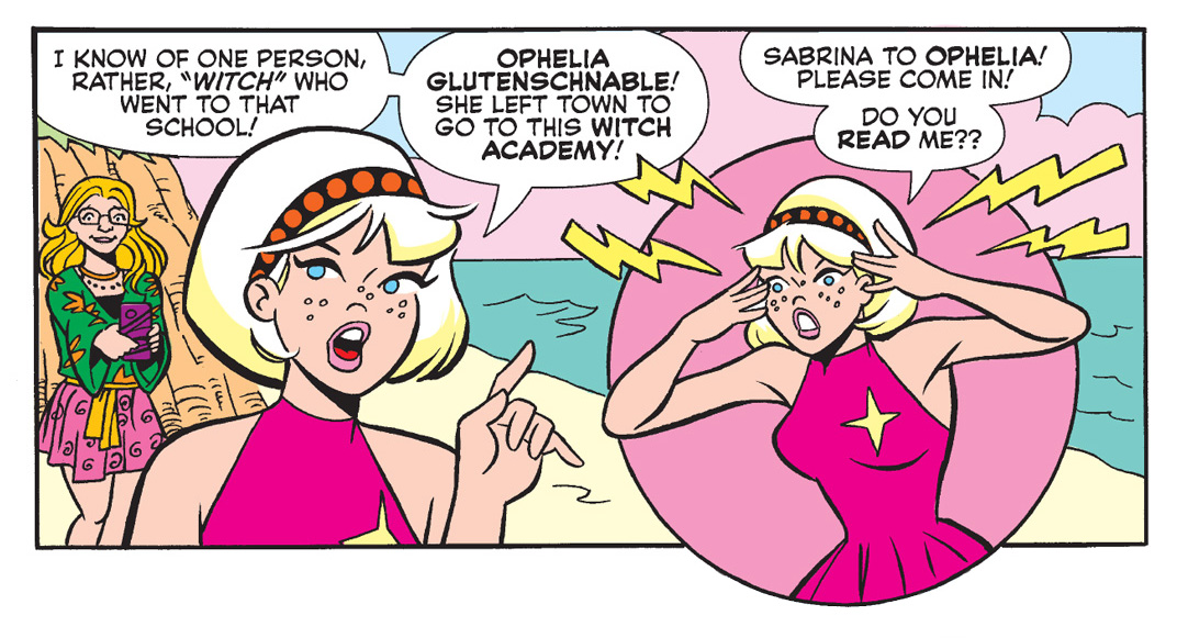 Panel from an Archie Comics story. Sabrina is on the beach saying she knows a witch named Ophelia Glutenschnable who can help her. She then uses telepathy to try and reach Ophelia.