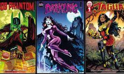 A series of Archie Comics superhero covers: The Fox #1, Bob Phantom #1, Darkling #1, The Jaguar #1, and Kardak the Mystic #1.