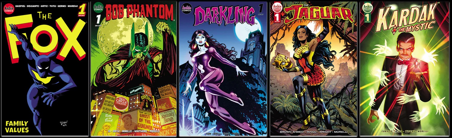 A series of Archie Comics superhero covers: The Fox #1, Bob Phantom #1, Darkling #1, The Jaguar #1, and Kardak the Mystic #1.