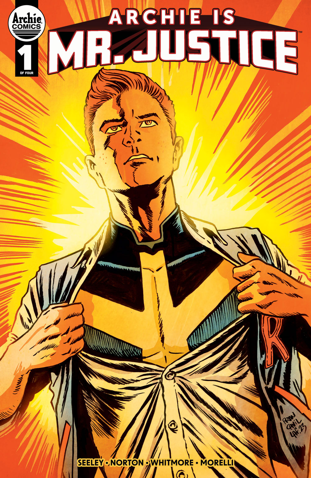 Variatn cover of ARCHIE IS MR. JUSTICE #1. Archie is in a blue and gold superhero costume under his civilian clothes. He pulls open his button-down shirt to reveal the costume underneath.