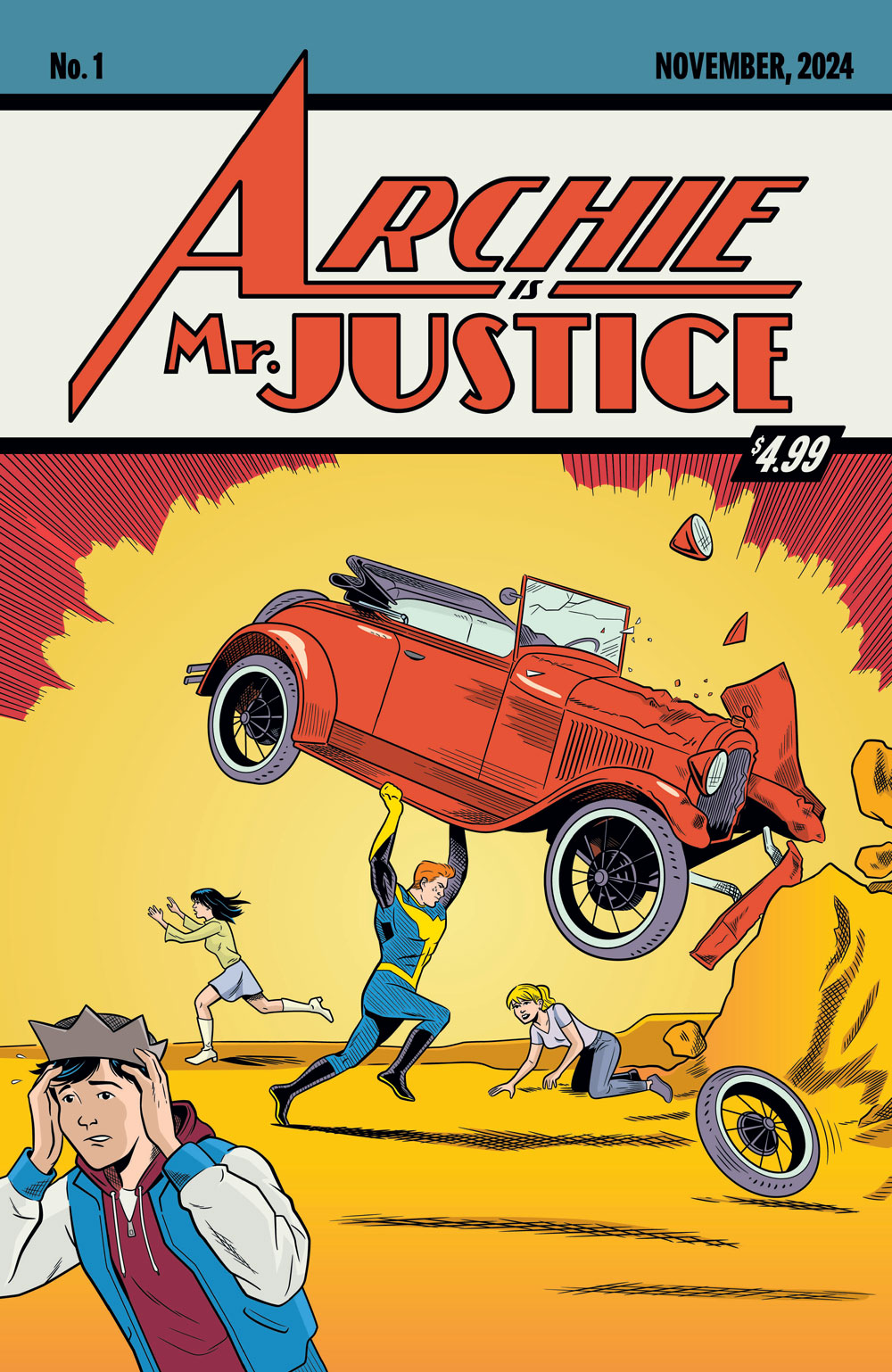 Variant cover of ARCHIE IS MR. JUSTICE #1. An homage to the famous cover of Action Comics #1, with Archie in a blue and gold superhero costume smashing his old jalopy car into a rock. Jughead, Betty, and Veronica, all run away.