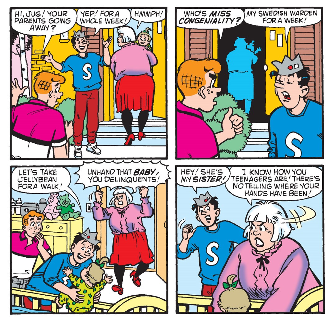 Panels from an Archie Comics story. Jughead and Archie are talking about how Jughead's parents are gone for a week while their babysitter takes Jughead's little sister Jellybean away.