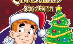 Cover of ARCHIE SHOWCASE DIGEST #21, subtitled ARCHIE'S CHRISTMAS STOCKING. Archie, wearing a Santa Claud costume, looks off to the site with a smile while holding a decorated Christmas tree in the palm of his hand. It's over a red background with stylized decorative snowflakes.