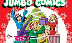 Cover of BETTY & VERONICA DIGEST #329. Betty, Veronica, and Archie sit on top of giant wrapped Christmas gifts in front of a decorated Christmas tree. Veronica is holding out her arms and kicking one leg up in excitement while Archie holds up a box to look at it more closely. It's sit inside a field of decorative snowflake designs over a red background.