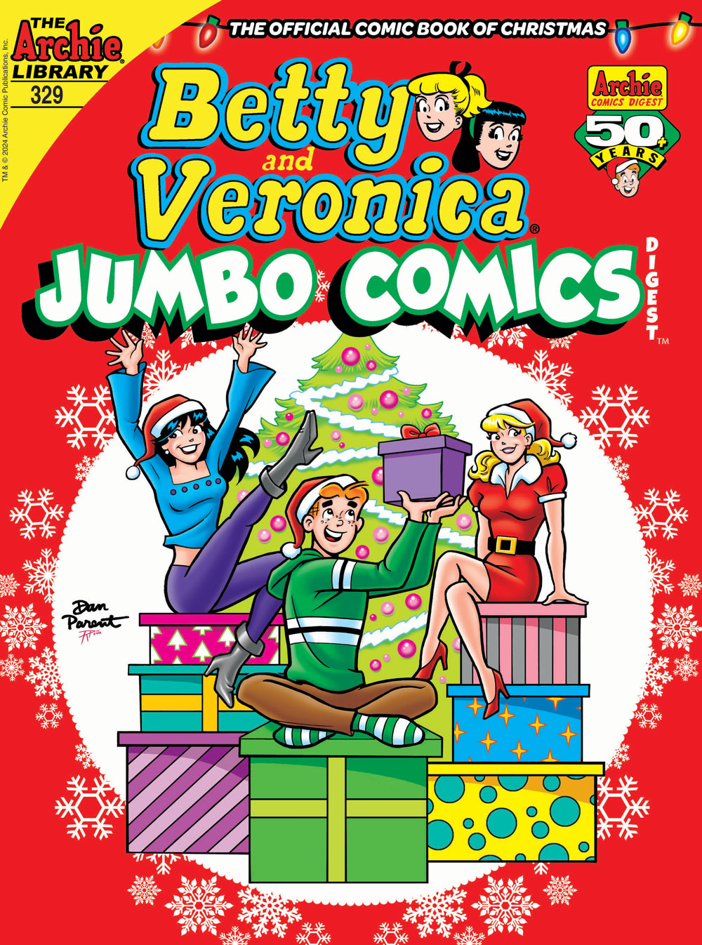 Cover of BETTY & VERONICA DIGEST #329. Betty, Veronica, and Archie sit on top of giant wrapped Christmas gifts in front of a decorated Christmas tree. Veronica is holding out her arms and kicking one leg up in excitement while Archie holds up a box to look at it more closely. It's sit inside a field of decorative snowflake designs over a red background.