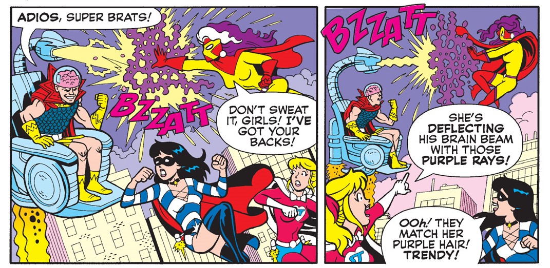 Panels from an Archie Comics story. Brain Emeror, a costumed supervillain with a brain visible through a glass dome, is in a flying high-tech chair above the city, which is shooting some kind of laser at Betty and Veronica in their costumed superhero identities, Power Teen and Super Teen. Another superhero, Wonder Teen X, a woman with long purple hair and a yellow and red costume, flies in behind them to block the laser with her own purplke blasts that shoot from her hands. Veronica comments on how the purple blasts match her purple hair.