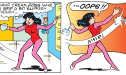 Panels from an Archie Comics story. Veronica is in the halls of school in fencing gear, practicing with her foil. She says that her hand cream makes the grip a bit slippery. In the next panel the sword accidentally flies out of her hand.