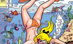 Cover of BETTY #8. Betty, in a bikini and snorkel gear, swims down to a sandbar to open a sunken treasure chest while various multicolored fish look on in the background. Inside the chest is a paper reading: Sorry temporarily out of stock.