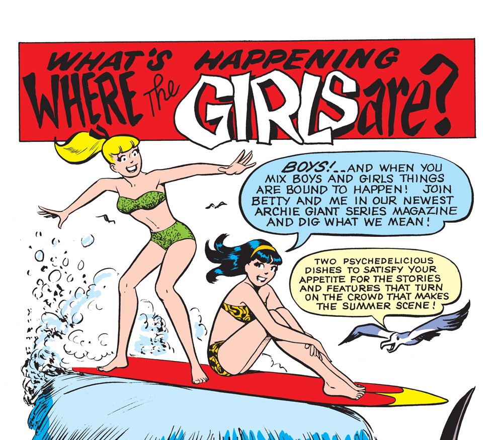 Snippet from a vintage Archie Comics subscription ad. Betty and Veronica are surfing, looking at the viewer and inviting you to subscribe to their comic, ARCHIE GIANT SERIES MAGAZINE.