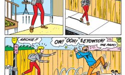 Panels from an Archie Comics story. Betty reflects on how wonderful and strong Archie is, then when she sees him his hopping around and holding his hand in pain.