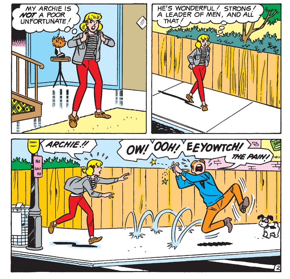 Panels from an Archie Comics story. Betty reflects on how wonderful and strong Archie is, then when she sees him his hopping around and holding his hand in pain.