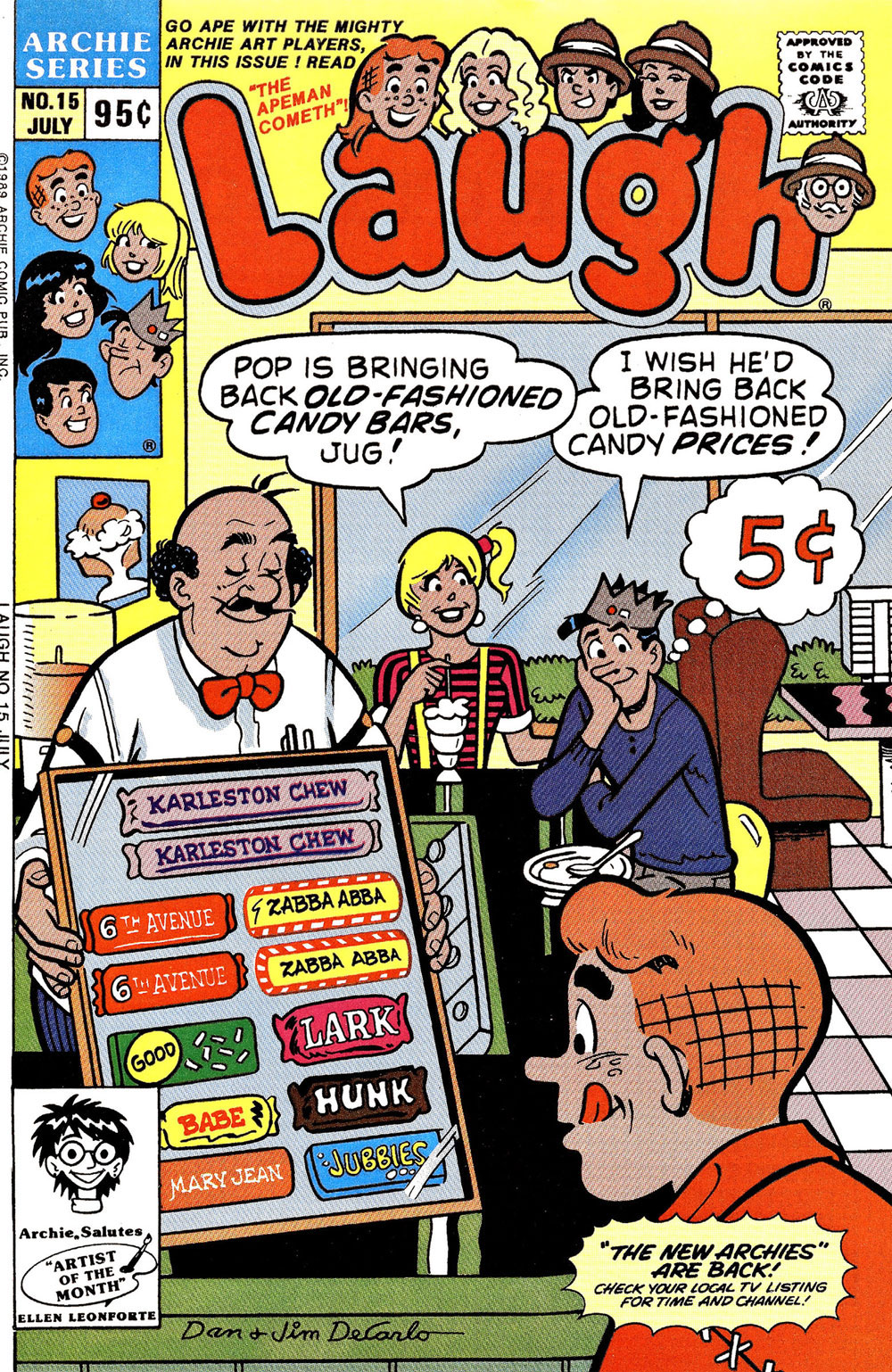 Cover of LAUGH #15 from Archie Comics. Inside the Pop's Choklit Shoppe diner, Pop Tate is showing Archie, Betty, and Jughead a display of old-fashioned candy bars. Jughead says he wishes they cost old-fashioned prices.