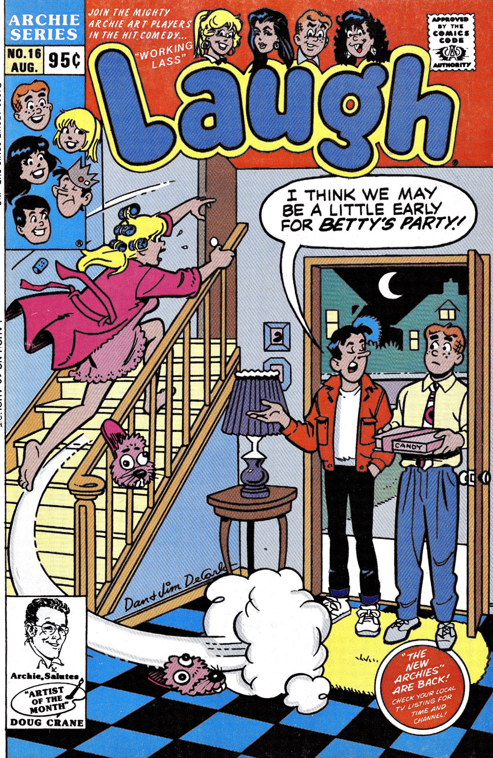 Cover of LAUGH #16 from Archie Comics. Betty runs upstairs in her nightclothes while Jughead and Archie stand at the door. Archie is dressed up in a shirt and tie. Jughead says he thinks they're a little early for Betty's party.