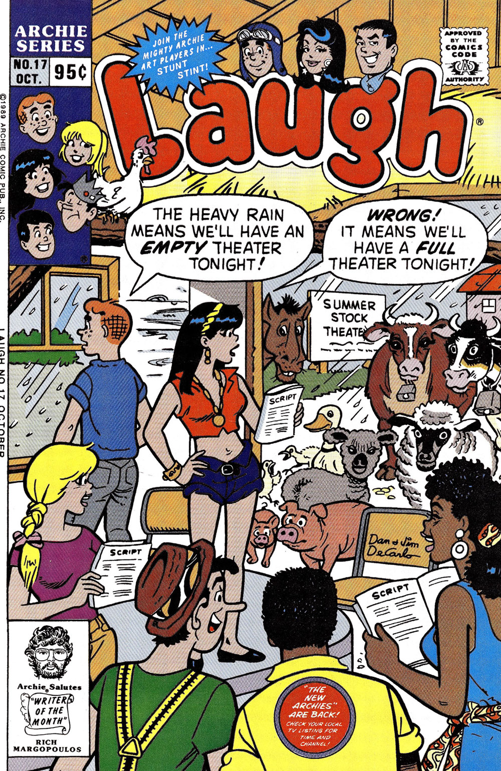 Cover of LAUGH #17 from Archie Comics. Archie, Veronica, Betty, Jughead, and others are inside a barn practicing for a summer stock play while it rains outside. They all read a script for the play. Archie says the rain means they will have an empty theater tonight. Veronica says they'll actually have a full theater as farm animals from outside come in to shelter.