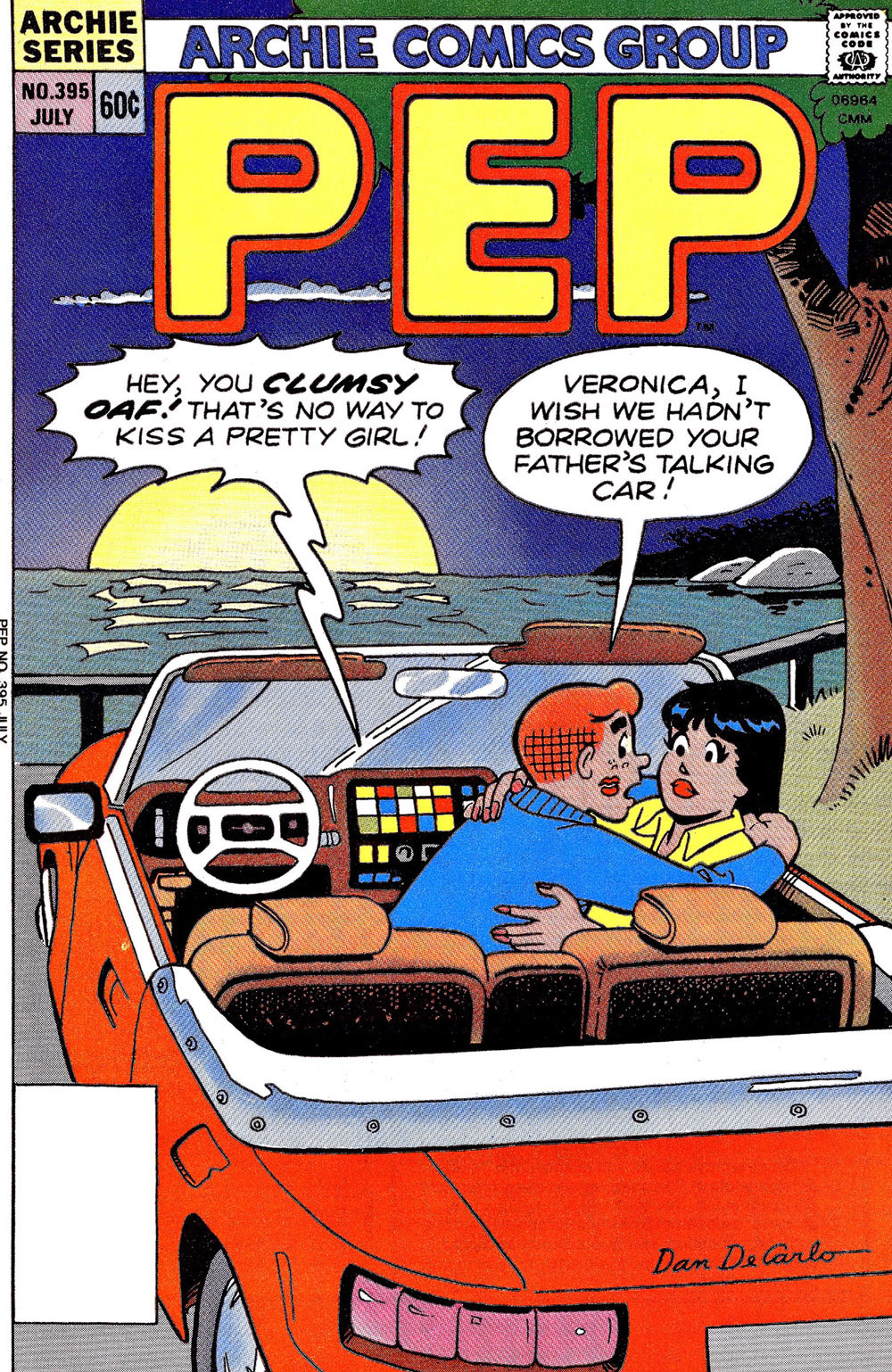 Cover of PEP #395 from Archie Comics. Archie and Jughead are parked in his car looking out at the sun setting over the water, kissing. A voice over the car radio calls him a clumsy oaf and says that's no way to kiss a pretty girl. Archie tells Veronica he wishe they hadn't borrowed her father's talking car.