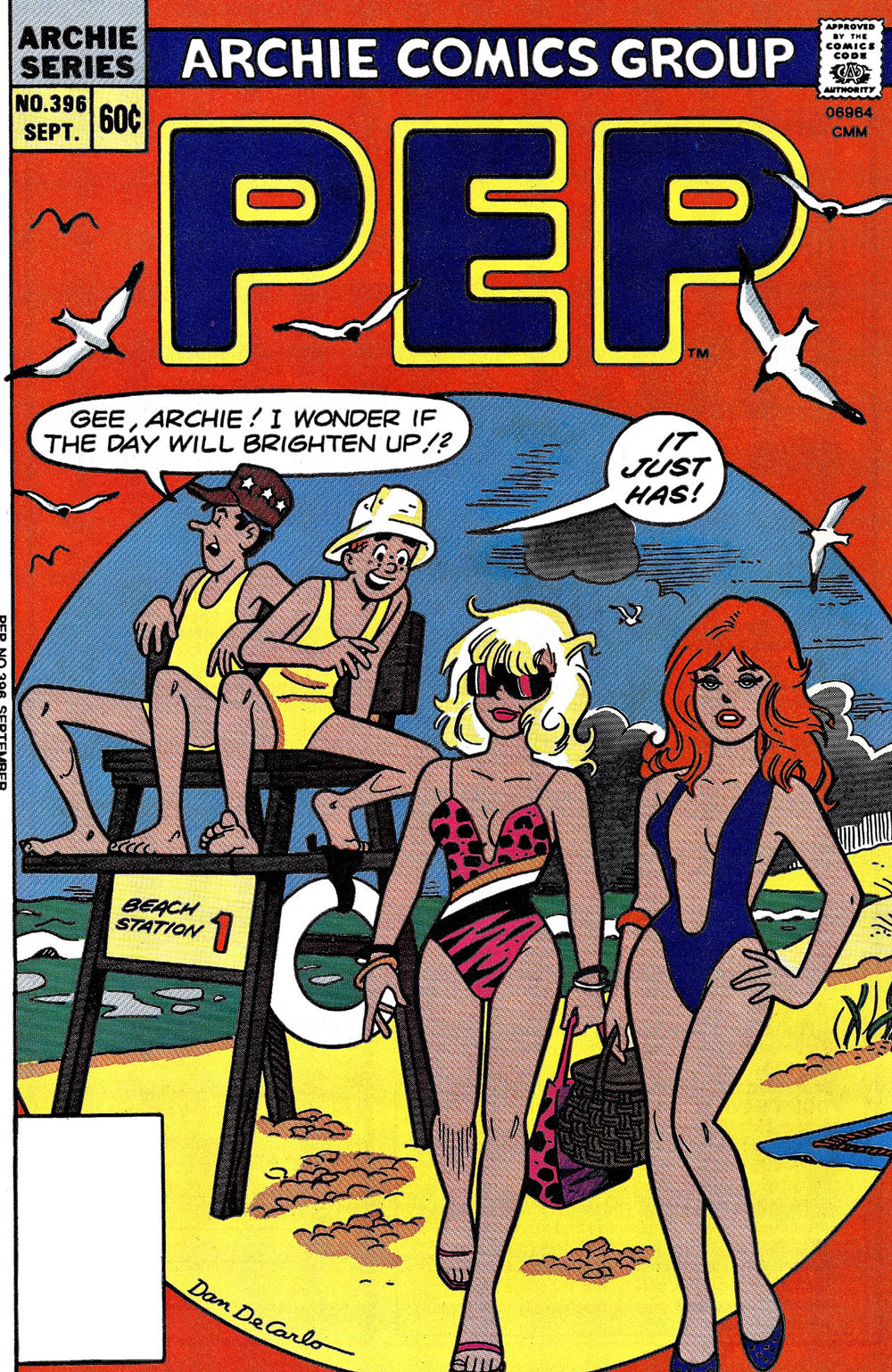 Cover of PEP #396 from Archie Comics. Jughead and Archie are lifeguards on the beach. Jughead says he wonders if the day will brighten up. Archie is watching two pretty girls walk by and he says the day already has brightened up.