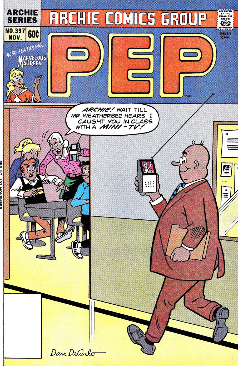 Cover of PEP #397 from Archie Comics. Betty, Archie, and Jughead are in class with Miss Grundy, who yells at Archie that she's going to tell Principal Weatherbee that she caught him in class with a portable TV. Weatherbee is walking by outside the class watching his own portable TV.