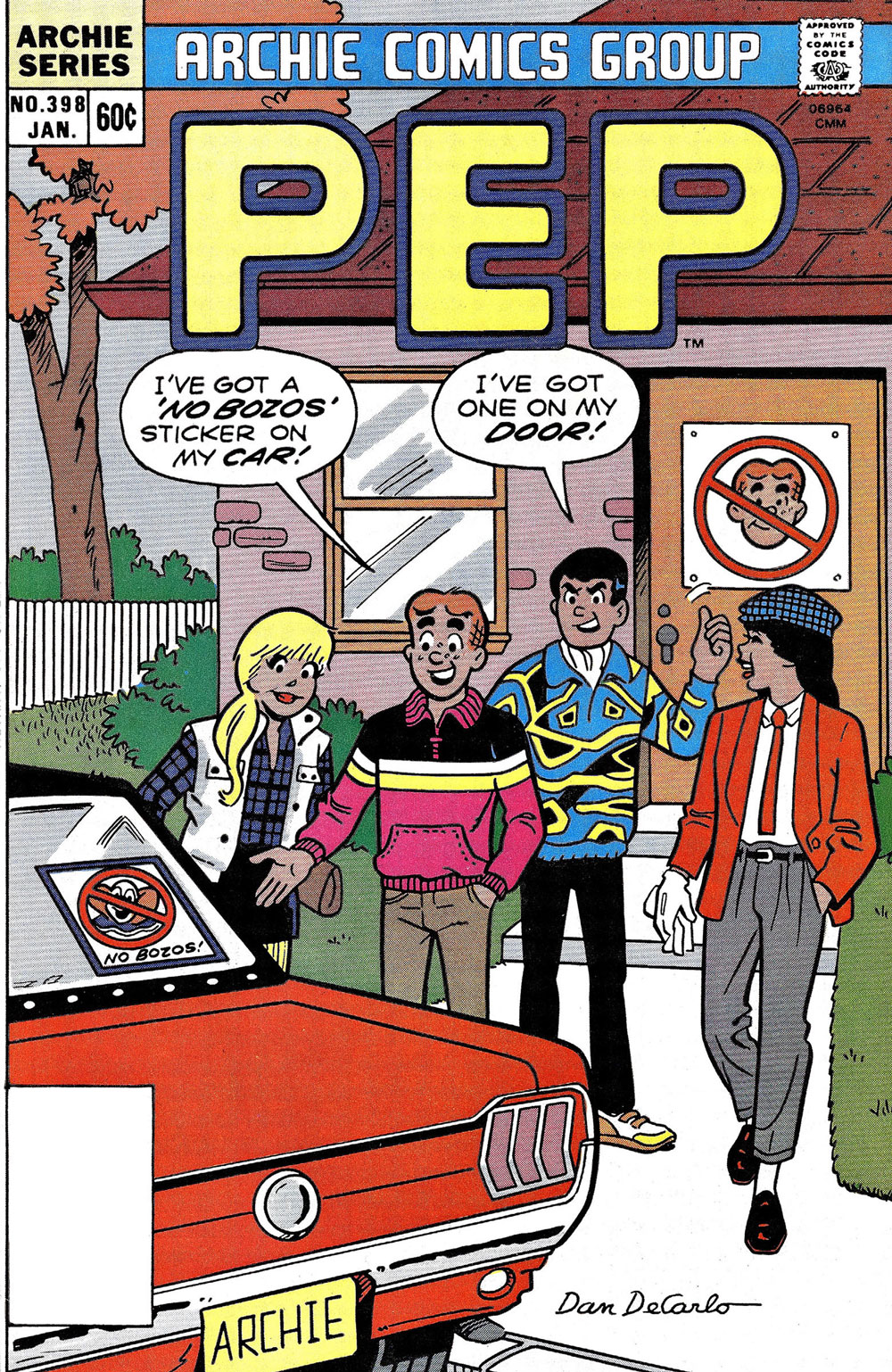 Cover of PEP #398 from Archie Comics. Archie has a sign in the window of his car that reads: No Bozos! Reggie says he has one on his door, and he points to a sign that's just a picture of Archie with a line through it.