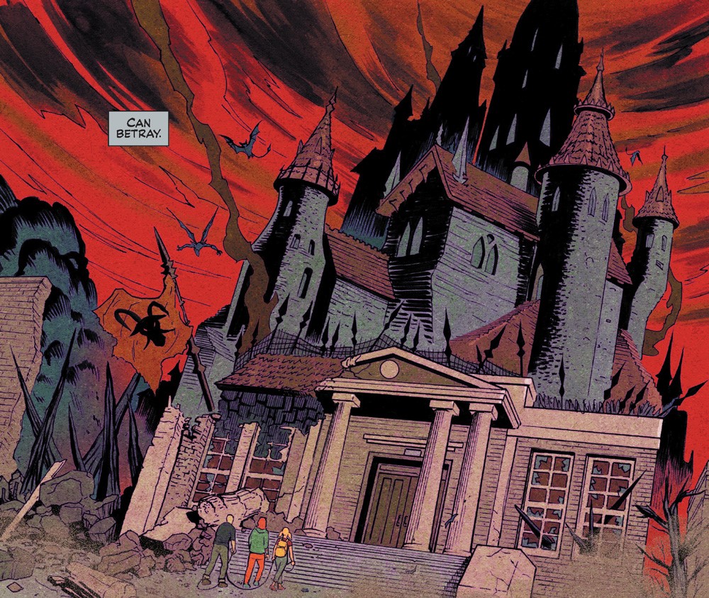 Madam Satan, Danni, and Jinx approach a looming gothic castle in Hell, against a red and black sky with bat-winged demons flying in the background.