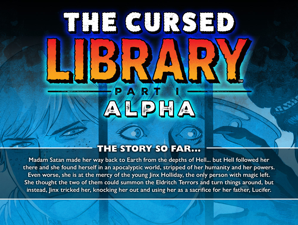 A story recap page from THE CURSED LIBRARY #1: ALPHA