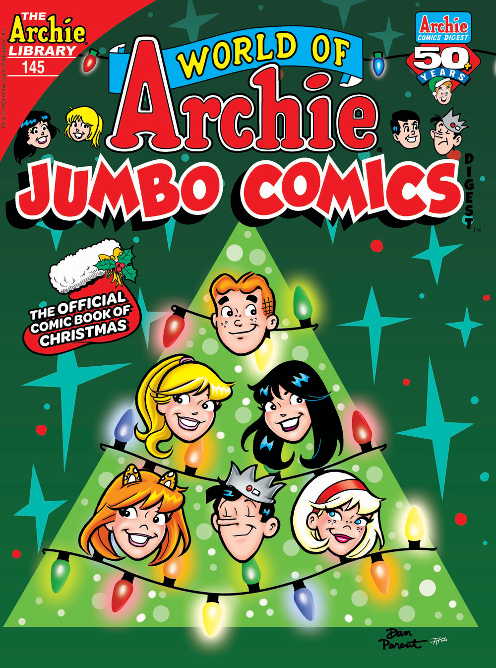 Cover of WORLD OF ARCHIE DIGEST #145. Heads of Archie, Betty, Veronica, Josie, Jughead, and Sabrina float on top of a stylized triangle Christmas tree, over a field of green with stylized stars and holly berries.