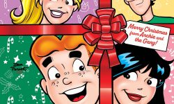 Betty, Jughead, Archie, and Veronica each occupy a different quadrant formed by the criss-cross of a red ribbon of a Christmas gift. Each is placed in front of a diffrerent colored background with stylized Christmas icons like presents, holly leaves, and candles. The tag on the gift reads: Merry Christmas from Archie and the Gang!