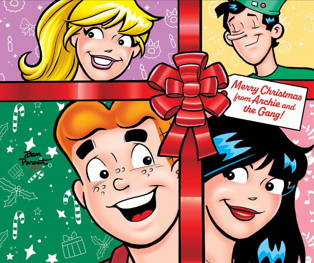 Betty, Jughead, Archie, and Veronica each occupy a different quadrant formed by the criss-cross of a red ribbon of a Christmas gift. Each is placed in front of a diffrerent colored background with stylized Christmas icons like presents, holly leaves, and candles. The tag on the gift reads: Merry Christmas from Archie and the Gang!