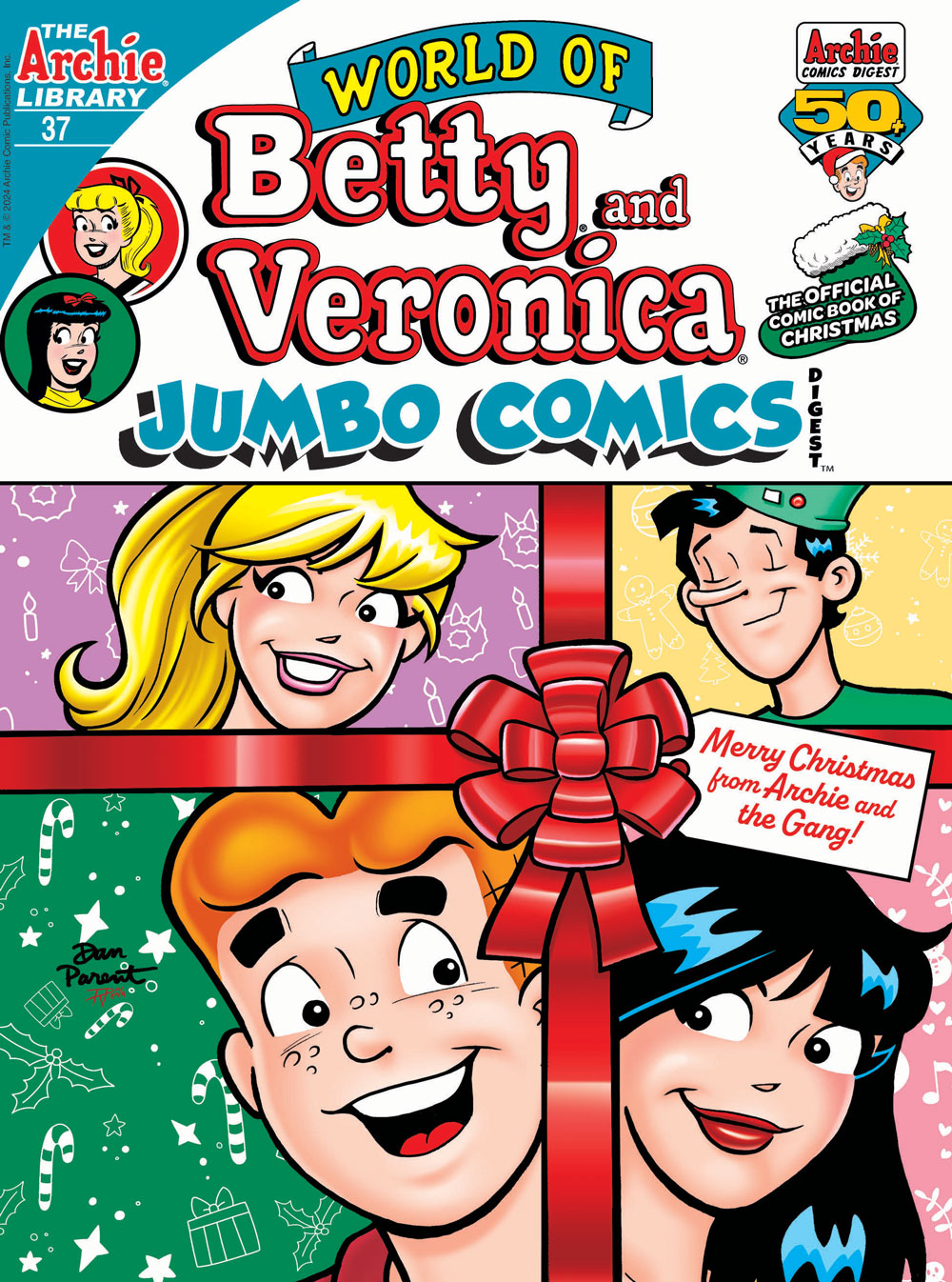 Cover of WORLD OF BETTY AND VERONICA DIGEST #37. Betty, Jughead, Archie, and Veronica each occupy a different quadrant formed by the criss-cross of a red ribbon of a Christmas gift. Each is placed in front of a diffrerent colored background with stylized Christmas icons like presents, holly leaves, and candles. The tag on the gift reads: Merry Christmas from Archie and the Gang!