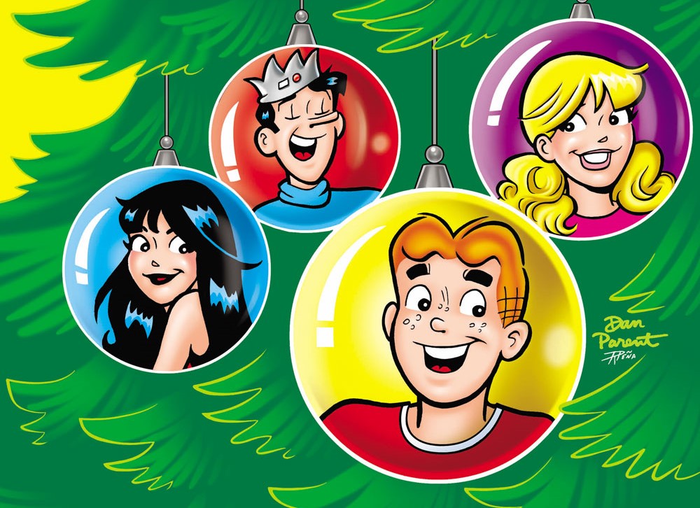 Archie, Veronica, Betty, and Jughead are each depicted in an ornament hanging on a Christmas tree.