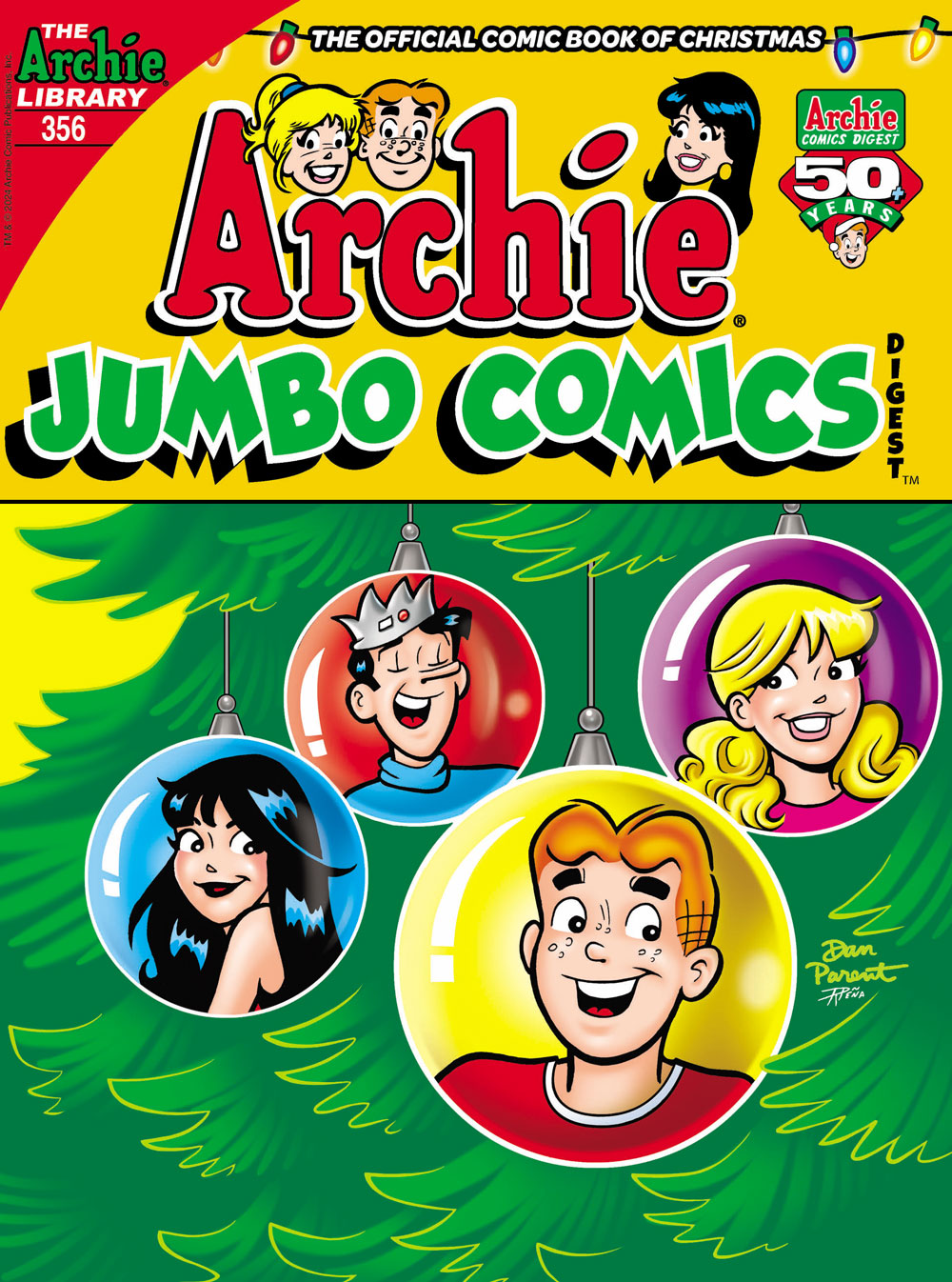 Cover of ARCHIE DIGEST #356. Archie, Veronica, Betty, and Jughead are each depicted in an ornament hanging on a Christmas tree.