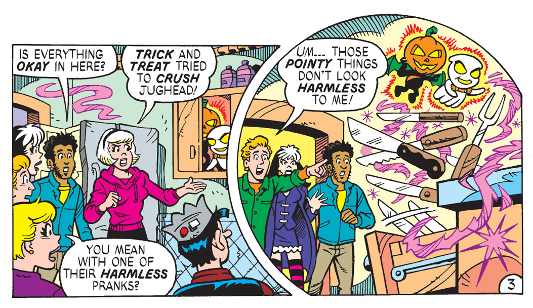 An interior panel from ARCHIE DIGEST #354. Sabrina and the gang hear a commotion in the kitchen. Sabrina sees that it is Trick and Treat, the spirits of Halloween. Betty says they're usually harmless, but in the next panel we see them levitating sharp objects in the kitchen. Kevin says they don't look harmless to him.