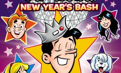 Cover of ARCHIE MILESTONES DIGEST #27: JUGHEAD NEW YEAR'S BASH. Archie, Betty, Jughead, Veronica, Reggie, and Jughead's dog Hot Dog are all depicted in stylized stars floating on a purple/yellow background and a field of more stars. They're superimposed over an image of the glittery ball that drops in Times Square on New Year's Eve.